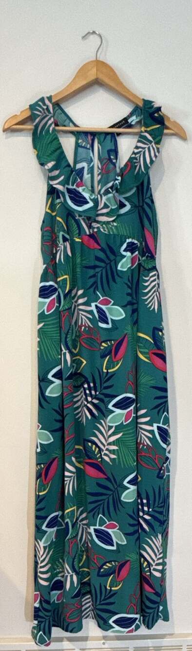 Gibsonlook Green Tropical Palm Leaf Print Ruffle Halter Maxi Dress Medium